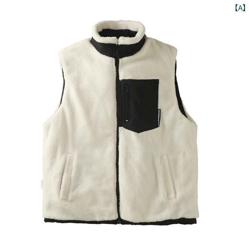 ボアベスト メンズ ウール 秋冬 アメリカン ノースリーブ リバーシブル アウター 厚手 暖かい ジャケット スタンドカラー ジップアップ 大きめサイズ 黒 緑 コーヒー(4)