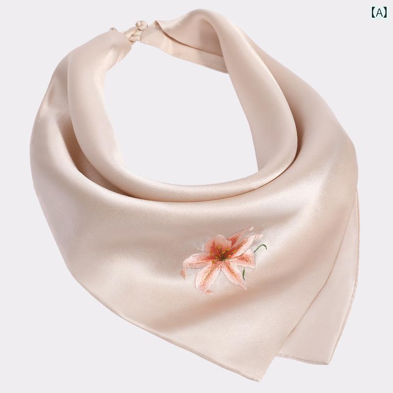 スカーフ レディース 60代 ギフト シニアファッション おばあちゃん 春秋 ベージュ ピンク 花 刺繍 小さめ 正方形 敬老 母の日 誕生日 クリスマス おしゃれ