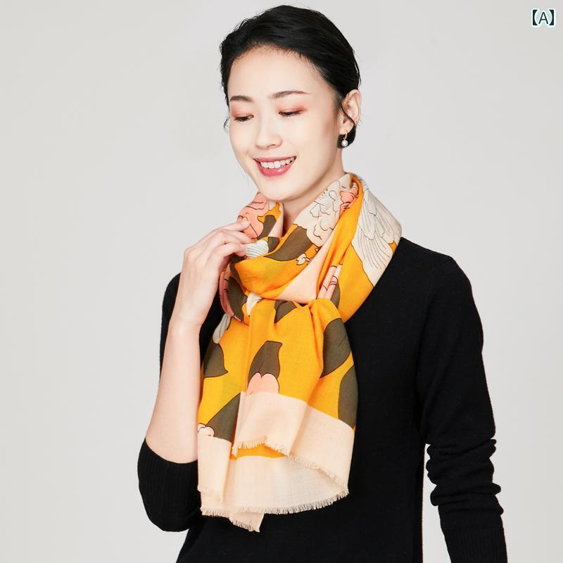 スカーフ レディース ショール 60代 ギフト シニアファッション おばあちゃん 秋冬 オレンジ 花 大判 ウール 保温 暖かい 防寒 敬老 母の日 誕生日 クリスマス おしゃれ