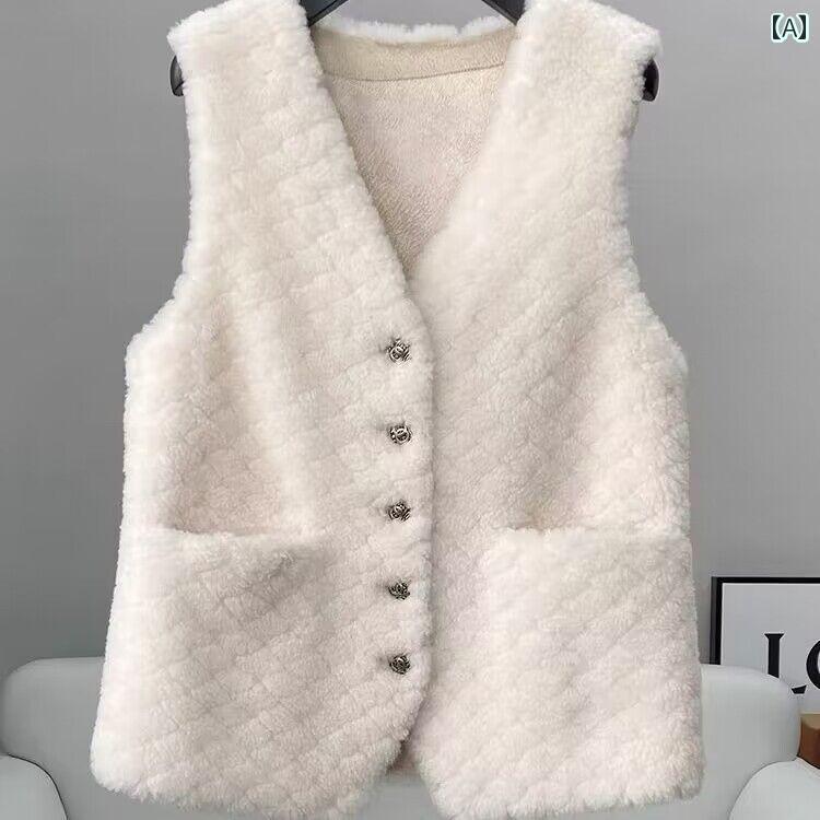 ボアベスト レディース 秋冬 おしゃれ アウター もこもこ ファー レディース 休日 デート ボタン ポケット 白 黒 ノースリーブ ノーカラー Vネック 前開き