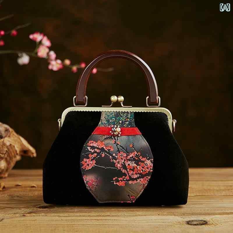 ハンドバッグ 小さめ レディース 梅 花 黒 チャイナ風 エレガント 上品 クラッチ ボディ ミニ バッグ ..
