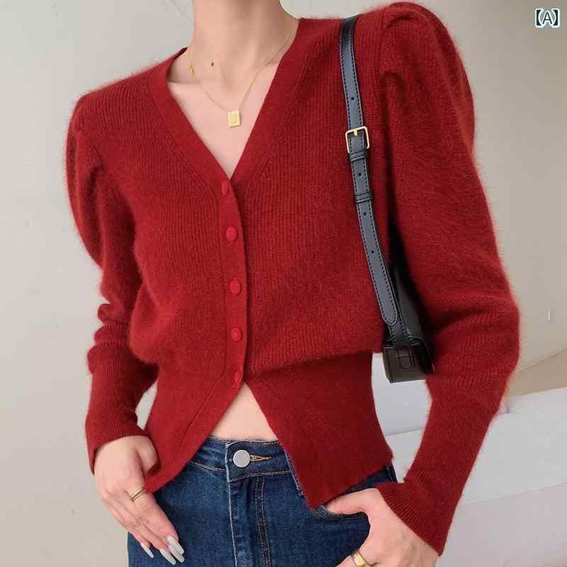 パフスリーブ ニット vネック セーター レディース 秋冬 ショート丈 トップス おしゃれ 袖 ぽわん 長袖 カーディガン 赤のサムネイル