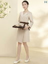 エステ ユニフォーム ワンピース 9分袖 秋冬 制服 サロン ホテル フロント 受付 レディース アプリコット 黒 無地 襟 ウエストマーク リボン ポケット ラップスカート 膝上 速乾 ストレッチ 通気性 大きめサイズ おしゃれ