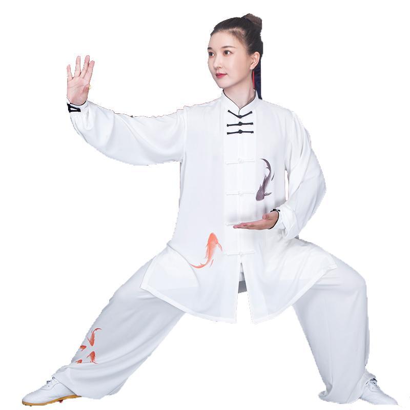太極拳 服 レディース メンズ 夏 上下セット 丈 練習 パフォーマンス カンフー 武術 通気性 吸汗 柔らかい ポケット 手洗い可 おしゃれ 大きめサイズ 魚 花 白