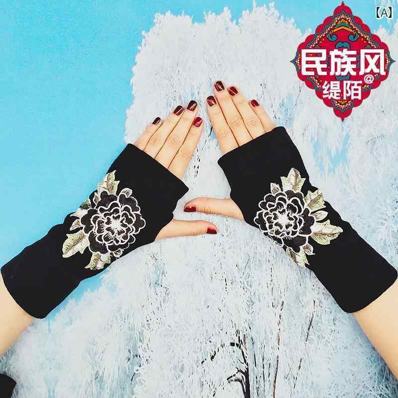 エスニック グローブ 手袋 レディース 黒 綿 刺繍 花柄 フィンガーレス 親指穴 リストカバー ハンドウォーマー 手首丈 ショート 冬 厚手 防寒 暖かい おしゃれ エレガント 自転車 バイク 運転 グレー