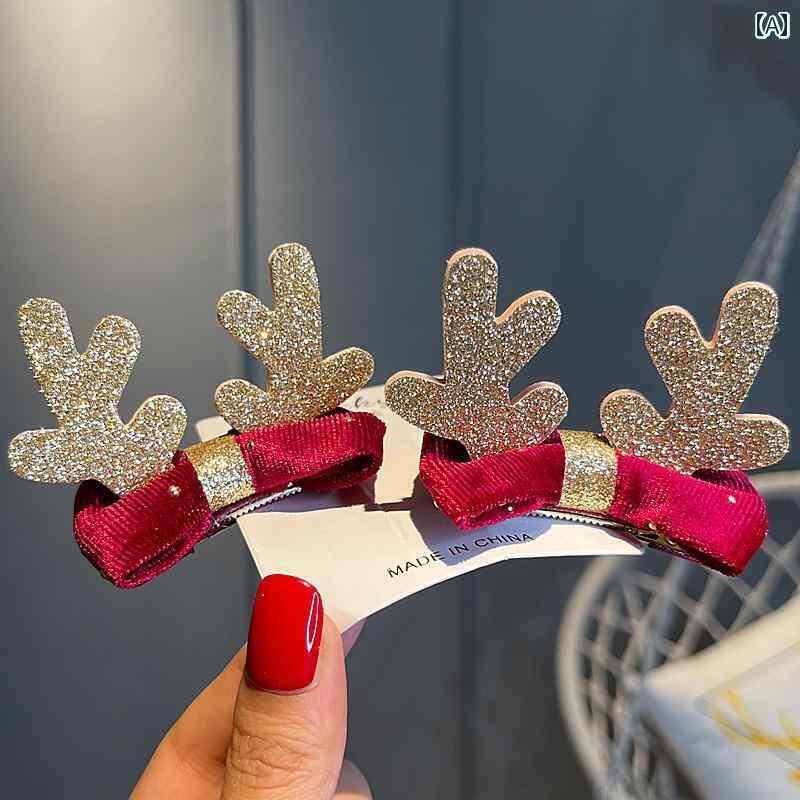 髪飾り リボン トナカイ 角 ヘアクリップ 女の子 クリスマス ピン 韓国 おしゃれ キラキラ ワインレッド ピンク ブルー