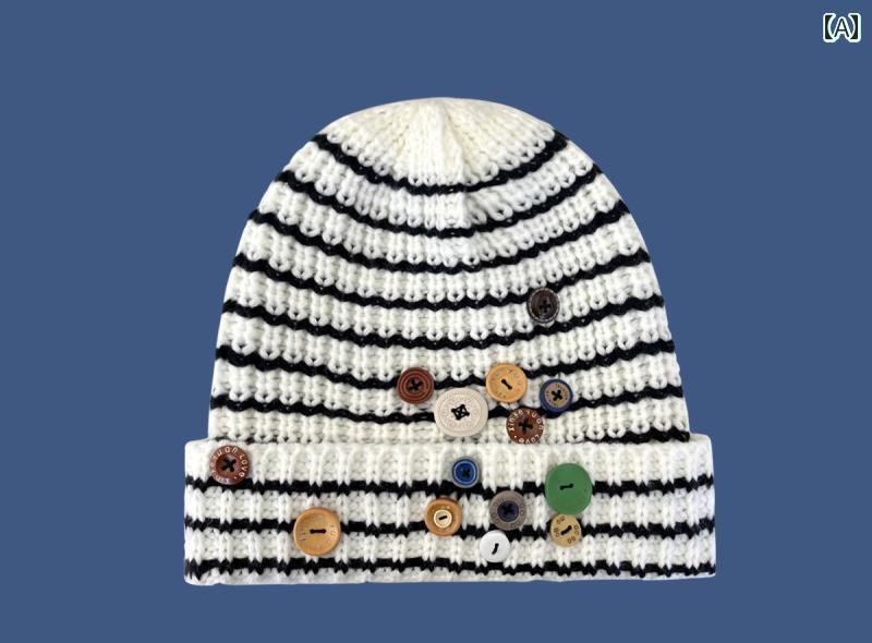 楽天おうち健康生活ニット帽子 レディース あったか 冬 カップル お揃い ウール アウトドア キャンプ 大きめ ゆったり 小顔効果 メンズ 秋 カジュアル 防寒 暖かい ボタン ボーダー 白 緑 グレー