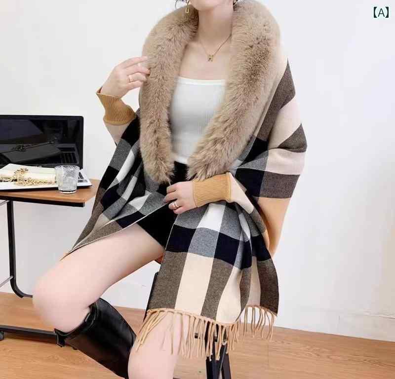 レディース アウター マント ケープ ポンチョ コート ショール 暖かい ファー 秋冬 大判 おしゃれ 防寒 襟 袖 フリンジ ウール 厚手 灰 カーキ