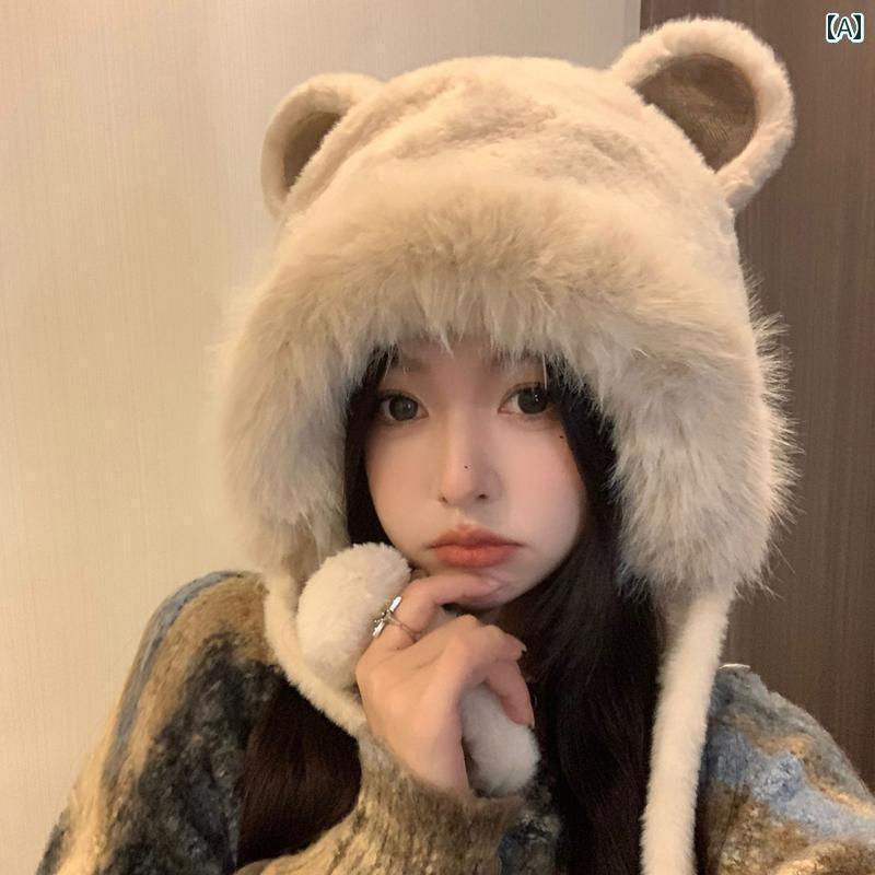 楽天おうち健康生活フードウォーマー レディース 秋冬 春 帽子 耳あて あったか 厚手 防寒 ファーボール 小顔効果 アウトドア サイクリング かわいい クマ ベージュ 乳白 カーキ