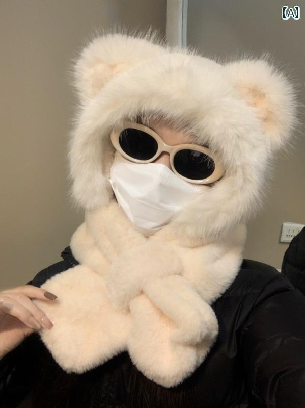 フードウォーマー レディース かわいい 耳の 隠れる 帽子 マフラー 冬 クマ 暖かい 厚手 防寒 もこもこ ベージュ カーキ グレー 自転車 サイクリング アウトドア