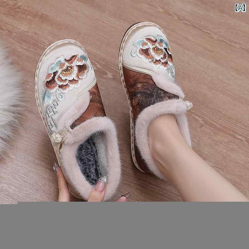 冬 靴 レディース 歩きやい 布 サテン 刺繍 ふわふわ ボタン ラウンドトゥ フラットソール 厚手 植物花..