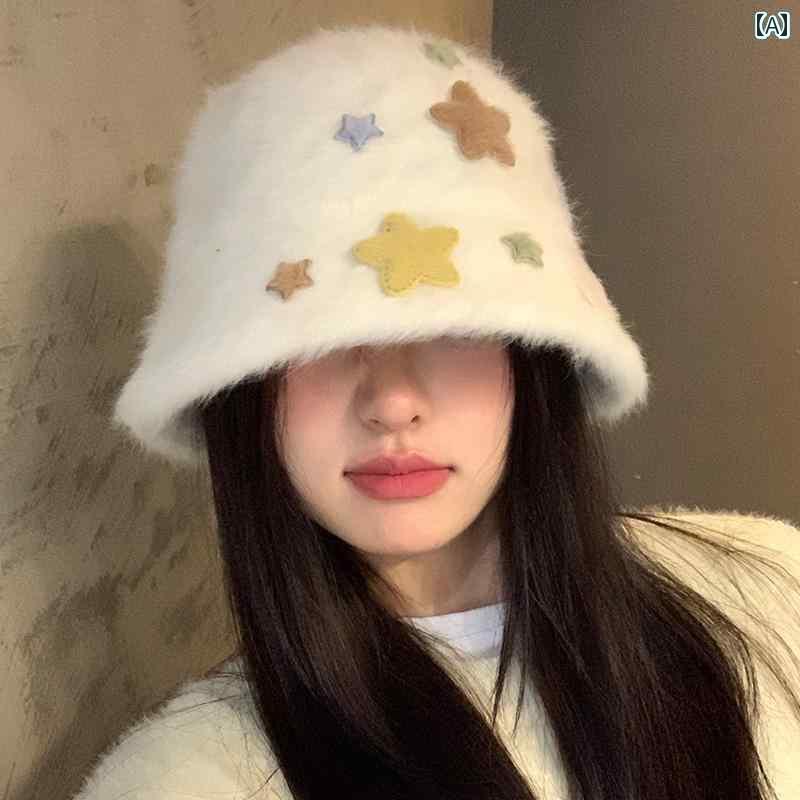 楽天おうち健康生活レディース 帽子 おしゃれ 秋冬 もこもこ バケハ バケットハット あったか 厚手 防寒 防風 小顔効果 耳 隠れる 旅行 アウトドア ファー 星 無地 白