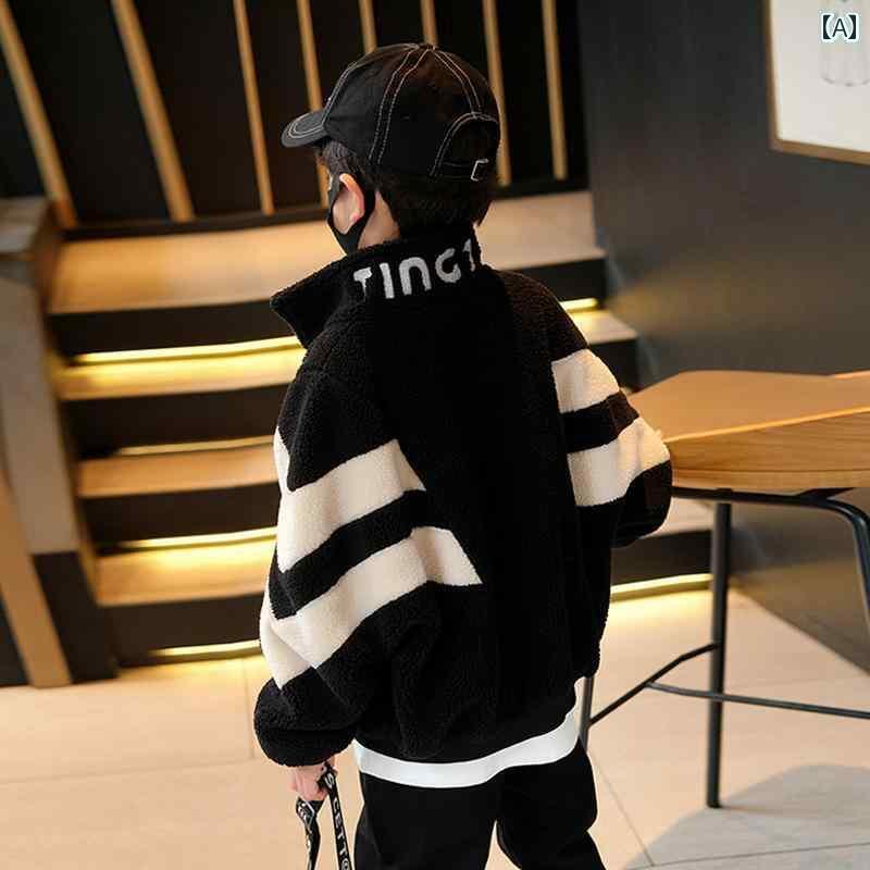 ボア ジャケット キッズ 子供 ベビー 秋冬 男の子 ウール アウター コート もこもこ 厚手 暖かい 快適 防寒 大きめサイズ スタンドカラー ジップアップ おしゃれ 黒