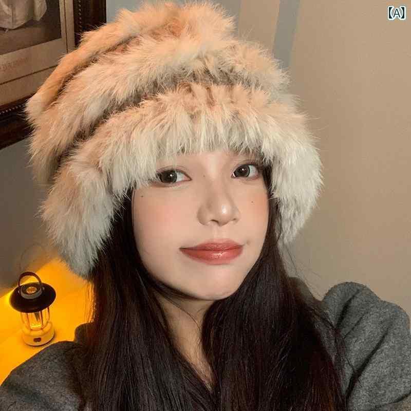 楽天おうち健康生活レディース 帽子 おしゃれ 秋冬 もこもこ ハット 防寒 あったか 厚手 小顔効果 耳 隠れる ウール ファー ニット 旅行 アウトドア ベージュ 茶 黒