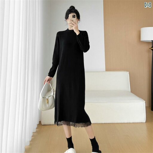 ニット ワンピース ロング ミモレ丈 フリンジ ミディアム ハイネック カジュアル レディース レディース 秋冬 長袖 ゆったり 黒 ピンク カーキ ニット ワンピース ロング ミモレ丈 フリンジ ミディアム ハイネック カジュアル レディース レディース 秋冬 長袖 ゆったり 黒 ピンク カーキ
