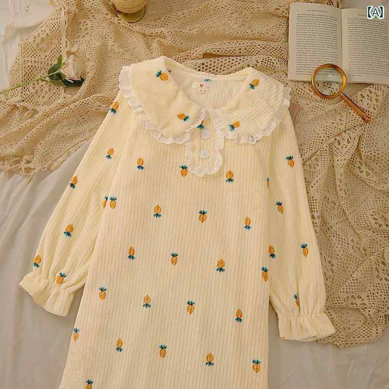 ルームウェア レディース 冬 秋 ナイトガウン 厚手 フランネル パジャマ レース かわいい ワンピース ..