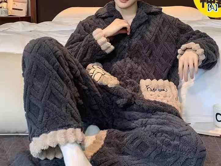 もこもこ パジャマ メンズ 秋冬 ルームウェア 前開き 起毛 厚手 暖かい フランネル 英字 くま 無地 刺繍 長袖 ポケット ボタン フード 襟 ジップアップ ウエストゴム 大きめサイズ 上下セット 部屋着 カジュアル かわいい