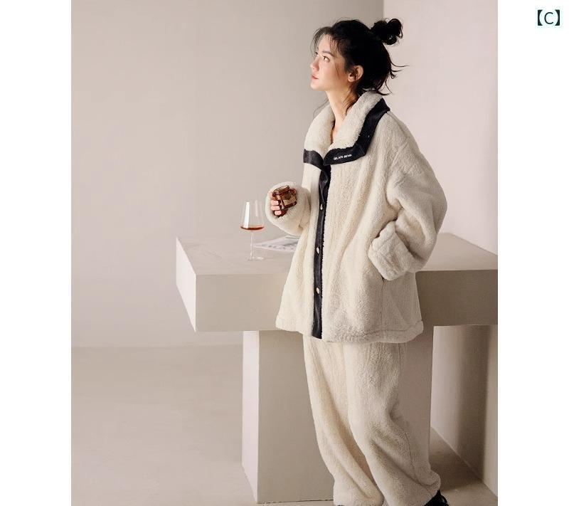 レディース パジャマ 冬 暖かい 秋 レディース ボタン 厚手 起毛 大きめサイズ もこもこ ホームウェア 上下セット ルーム 長袖 あったか 柔らかい 部屋着 バイカラー