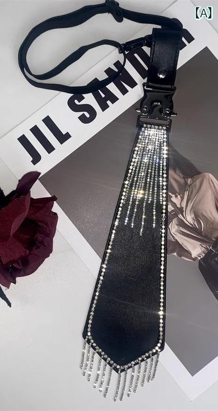 ワンタッチ ネクタイ レディース ラインストーン 派手 おしゃれ 細身 ダービー ナロータイ レザー ゴムバンド ファッション小物 装飾 アクセサリー 結ばい 簡単装着 パフォーマンス ダンス 舞台 衣装 JK 花 フリンジ キラキラ 韓国 黒