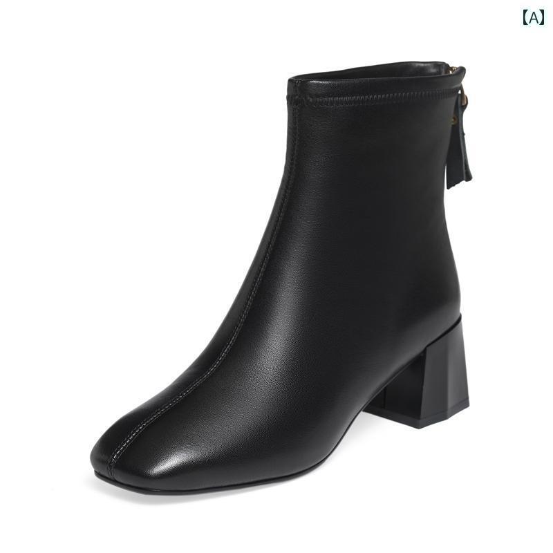ショートブーツ レディース 歩きやい ヒール レザーシューズ 春秋冬 牛革 スクエアトゥ チャンキー ソフトレザー 裏起毛 シングル 黒
