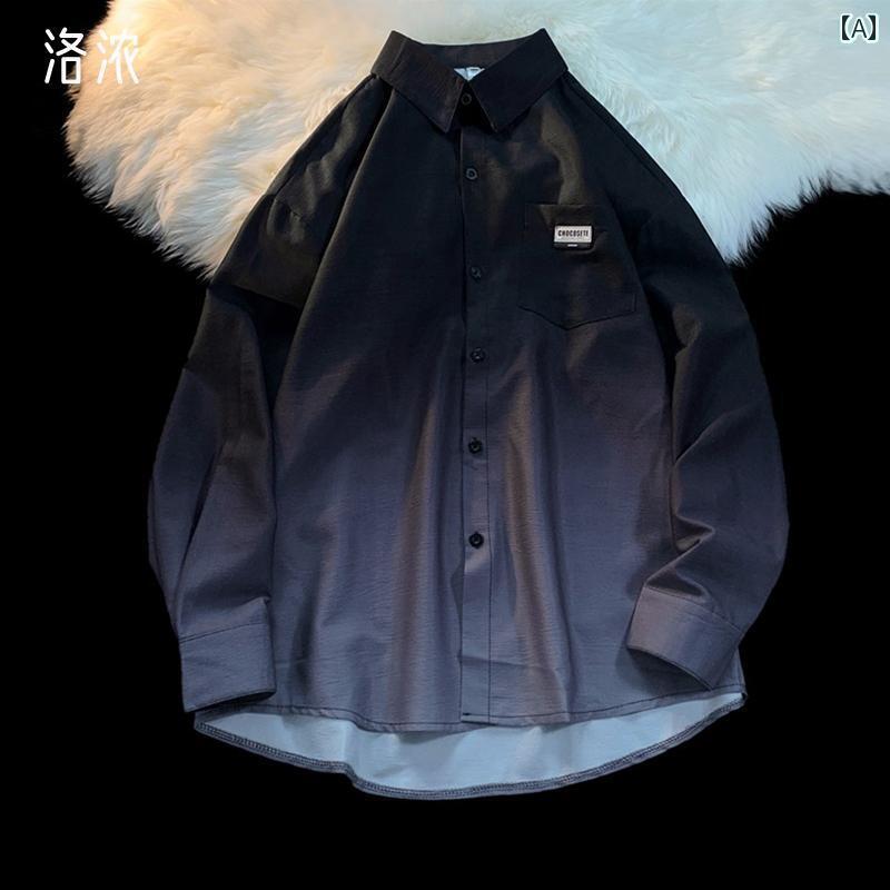 シャツ レディース 長袖 メンズ 春秋 トップス 襟 ボタン ポケット しわ加工 薄手 ゆったり カジュアル おしゃれ シンプル グラデーション 黒 青 ピンク...