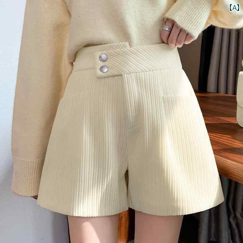 Corduroy - ショートパンツ レディース 秋冬 ボトムス ハイウエスト ファスナー コーデュロイ Aライン ポケット 厚手 着痩せ カジュアル 大きめサイズ アイボリー 黒 グレー