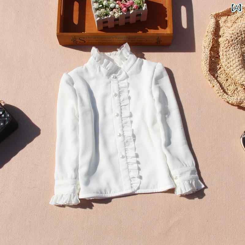 女の子 かわいい ブラウス シャツ 春秋冬 長袖 厚手 暖かい スタンドカラー トップス 発表会 卒業式 卒..