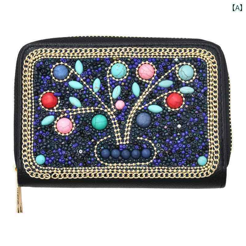 小銭入れ カードも入る コインケース ウォレット ミニ 財布 レディース 女の子 民族風 エスニック 収納 ビーズ 革 レザー ファスナー ショッピング 普段使い レトロ かわいい