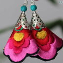 民族 ピアス イヤリング レディース 大人 しく型 ぶらさがり 揺れる 垂れる ビーズ 花 刺繍 布 スターリングシルバー S925 アクセサリー レトロ エスニック ボヘミアン アジアン おしゃれ フェミニン エキゾチック ブルー レッド パープル