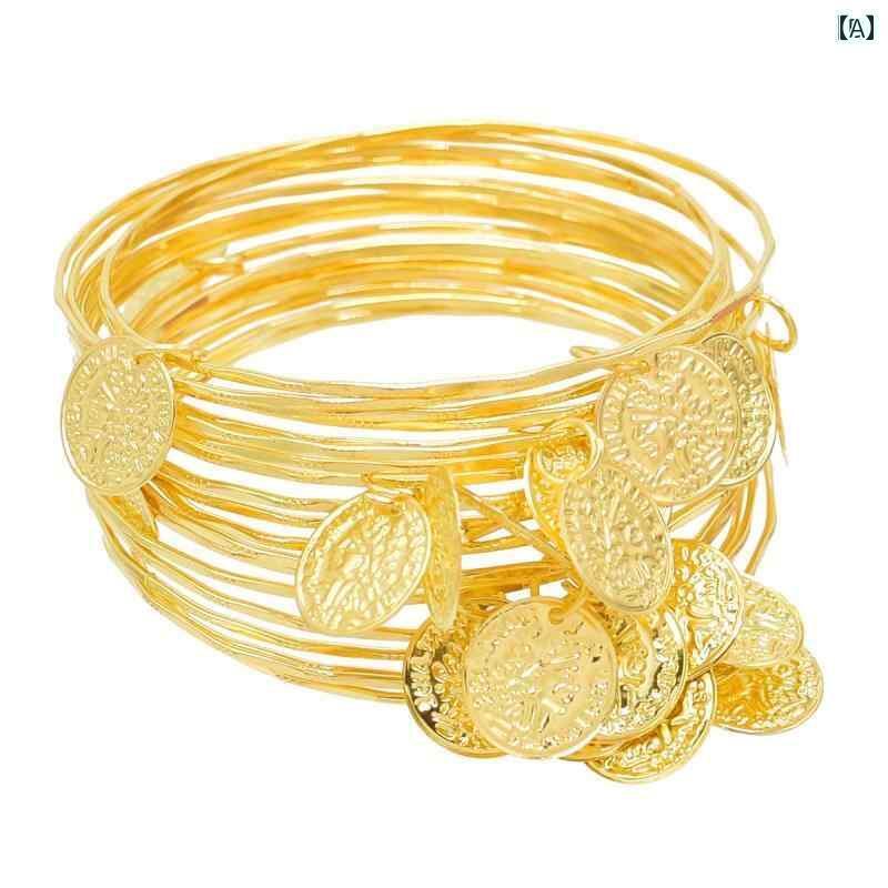 バングル レディース アクセサリー ブレスレット 多層 コイン レトロ エスニック エキゾチック ゴールド 2点セット パフォーマンス ベリーダンス プレゼント