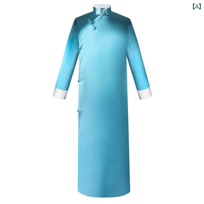 中国 レトロ 衣装 メンズ バックル チャイナ風 コート サテン 青 ガウン スーツ マンダリン ジャケッ ..