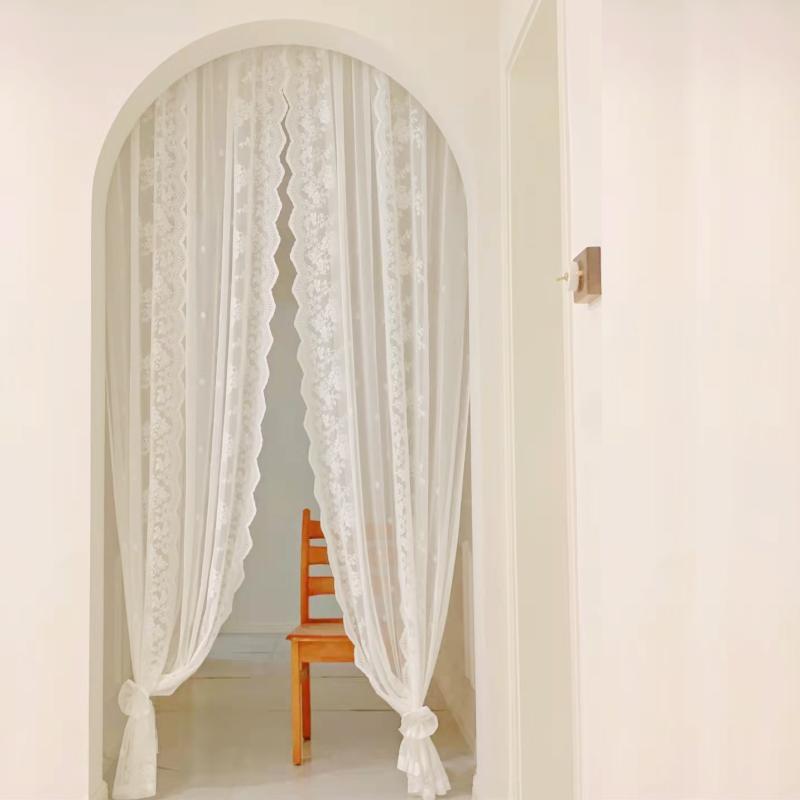 のれん レース 目隠し 韓国 きれいめ フレンチ ドアカーテン パーティーション リビングルーム 日よけ 寝室 出窓 自宅 シンプル モダン 白 花無地