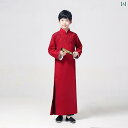 チャイナ服 メンズ 子供 男の子 女の子 夏 チャンパオ 長袍 中国 宮廷 衣装 コスプレ パフォーマンス 通気性 柔らかい スリット 刺繍 扇子 大きめサイズ 赤 紺(4)