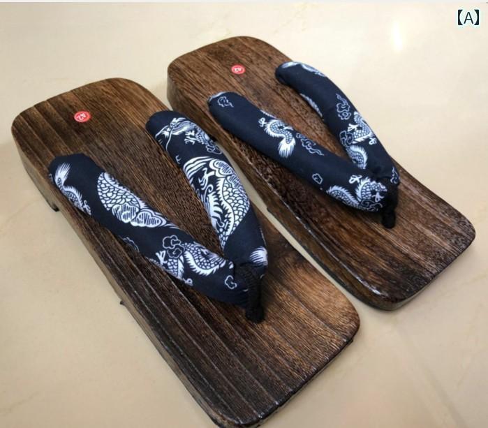 メンズ サンダル スリッパ 木 夏 下駄 つっかけ 浴衣 温泉 コスプレ 通気性 滑りにくい フラット スクエアトゥ 丸型 カジュアル 龍 花 英字 黒 青 グレー