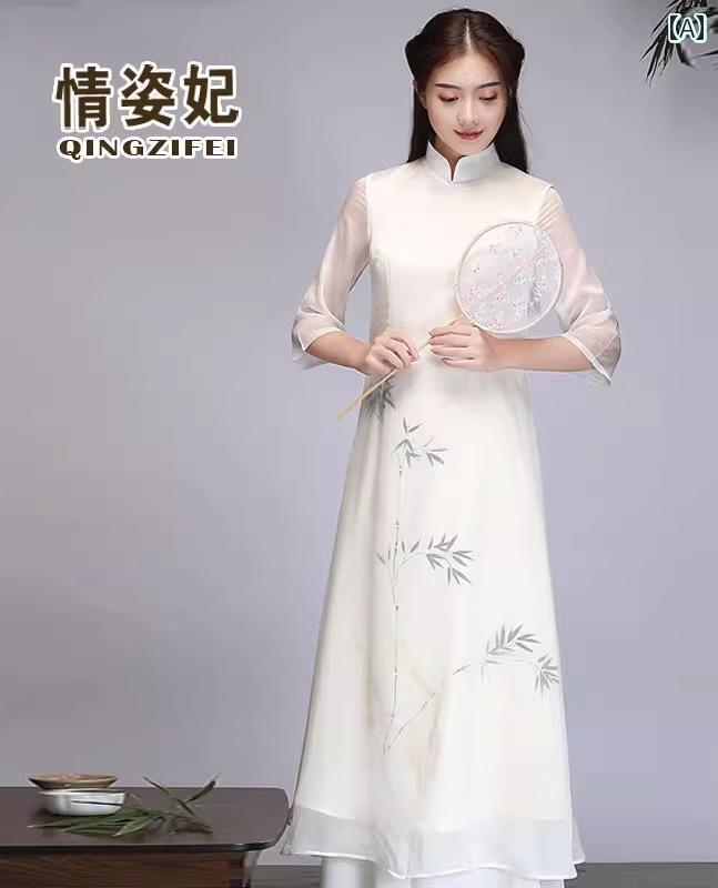 アオザイ 衣装 チャイナ風 レトロ レディース 大きめサイズ シフォンワンピース スタンドカラー セットアップ Aライン ロング丈 七分袖 夏 アイボリー 葉柄