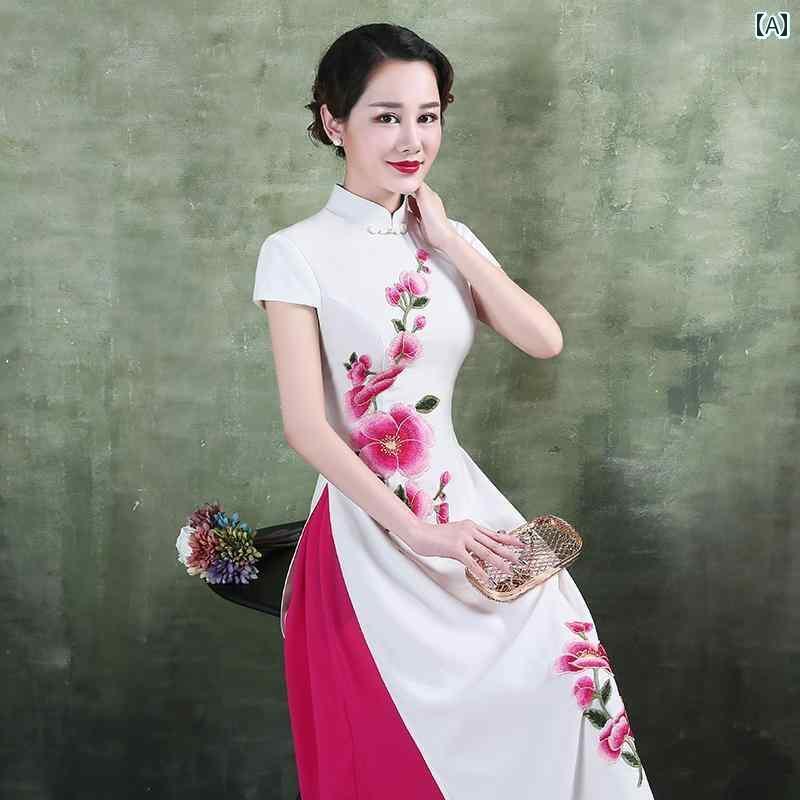 ベトナム 民族衣装 アオザイ 春夏 レディース チャイナドレス ロング丈 ワンピース きれいめ エレガント 鮮やか 刺繍 大きめサイズ 赤 青 緑 花柄