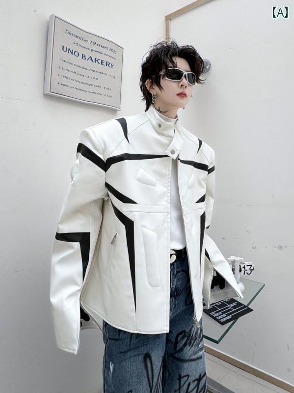 ジャケット メンズ 春 韓国 個性 スタンドカラー ショート丈 レザー ステッチ ジップアップ おしゃれ スタイリッシュ ゆったり 長袖 白 黒