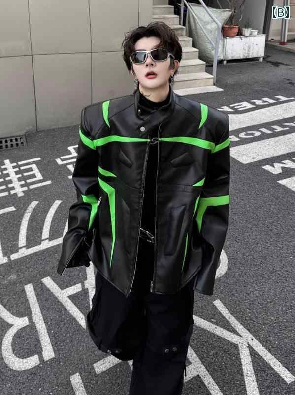 ジャケット メンズ 春 韓国 個性 スタンドカラー ショート丈 レザー ステッチ ジップアップ おしゃれ スタイリッシュ ゆったり 長袖 白 黒