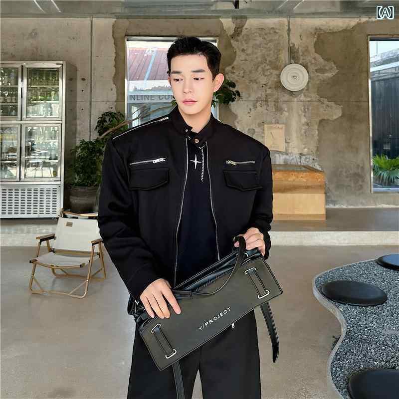 ジャケット メンズ 春 韓国 トップス アウター ショート丈 スタンドカラー ウール シンプル カジュアル スポーティー ストレッチ性 ゆったり 黒 緑