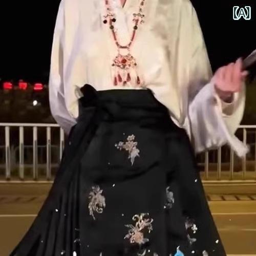 スカート 春夏 サテン チャイナ風 Aライン マキシ丈 プリーツ ハイウエスト トップス 上下セット きれいめ パーティー 鳥 衣装 イベント