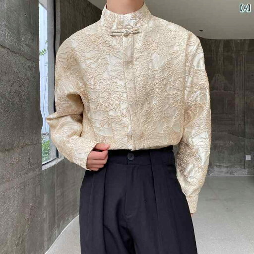メンズ チャイナ シャツ スタンドカラー ボタン トップス ジャカード 長袖 春 立体 おしゃれ ゆったり 上品 黒 アプリコット 刺繡 メンズ チャイナ シャツ スタンドカラー ボタン トップス ジャカード 長袖 春 立体 おしゃれ ゆったり 上品 黒 アプリコット 刺繡