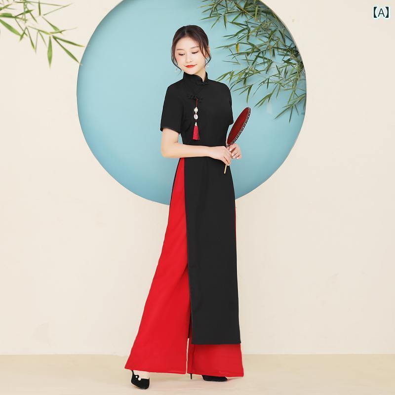 アオザイ 衣装 レディース レトロ エレガント 夏 半袖 セット ロングチャイナドレス コスプレ ベトナム ハイスリット ワイドレッグパンツ オブリーク パイピング