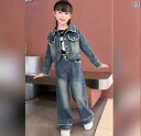 セットアップ デニム キッズ 女の子 秋 おしゃれ ワイドパンツ 春 2点 韓国 シングルブレスト 大きめサイズ ストレート ボタン レトロカラー 青