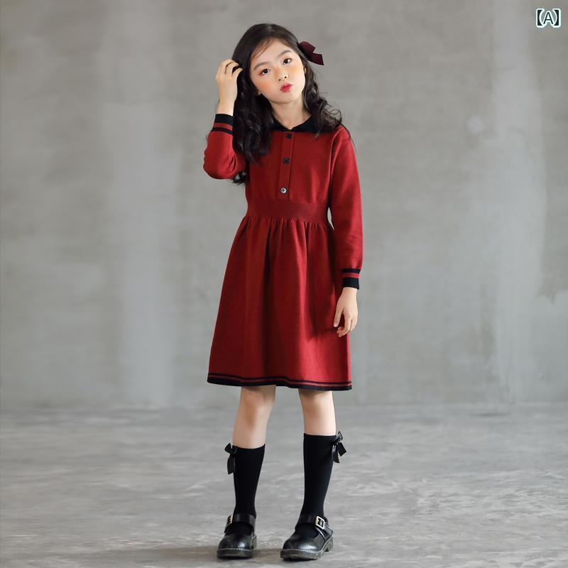 子供服 女の子 春物 韓国 キッズ ワンピース シャツ セーター ニット スカート 長袖 襟 大人っぽい 親..