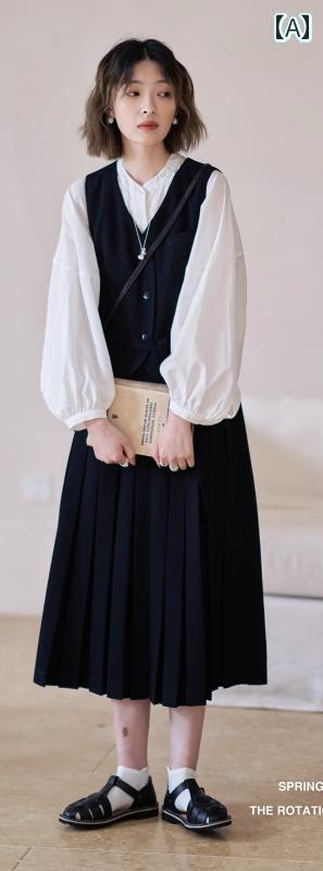 オーバーオール スカート レディース 春 Vネック 重ね着 隠しボタン 着脱可能 セットアップ ベスト Aライン ロング 柔らかい 耐久性 プリーツ 黒