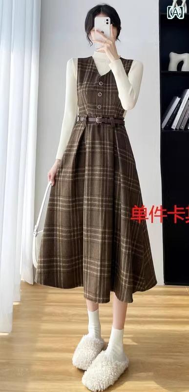 ジャンパースカート レディース 春 フレア ニットインナー アプリコット 黒 ウエストベルト チェック柄 2点 セット 森ガール ボタン ポケット アップ Aラ...