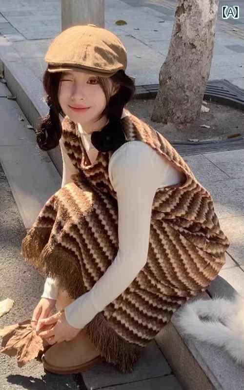 オーバーオール スカート ジャンパースカート レディース コントラストカラー ストライプ ニット 春 ゆったり ロング ポケット Aライン フリンジ 白トップス 柔らかい カジュアル 茶