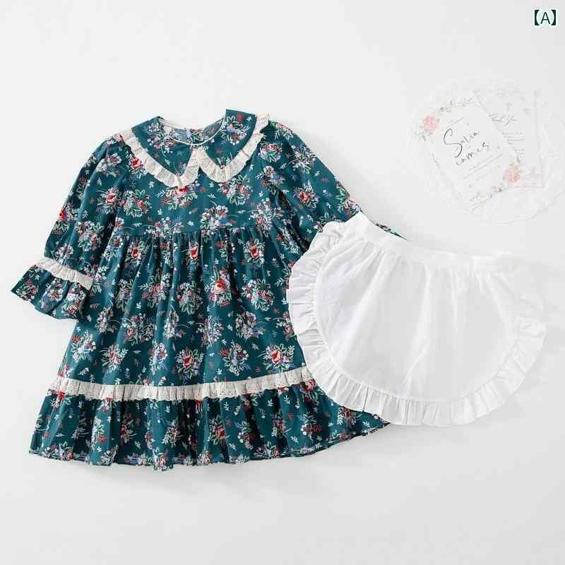 子供服 ワンピース 韓国 春秋 ボヘミアン レース 花柄 プリント 女の子 エン セット かわいい 長袖 綿 カジュアル 普段使い