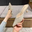 ミュール サンダル おしゃれ レディース 歩きやい 痛くい ファッション 夏 ピンヒール パール 上品 フレンチ レザー アプリコット レッド