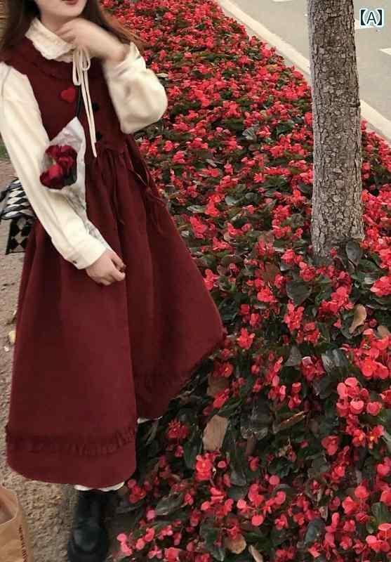 ジャンパースカート 大人 レディース 春秋 ロング丈 ノースリーブ ワンピース フリル ハート リボン レース Aライン 長袖 トップス 2点セット プリンセス...